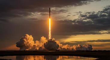 Powerful Rocket Launch at Sunset photo