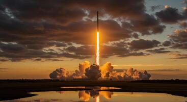Rocket Launch with Flames and Smoke at Sunset photo