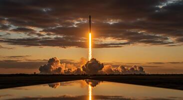 Rocket Launch at Sunset with Reflection photo