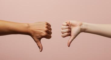 Two Hands Giving Thumbs Down Gesture Symbolizing Negative Feedback photo