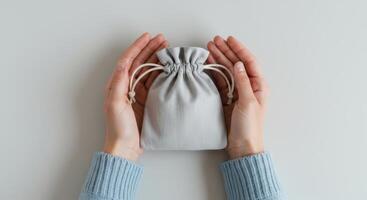 Woman Holding Small Grey Drawstring Bag photo