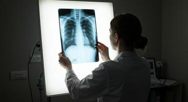 Female Doctor Examining Chest X Ray on Light Box photo