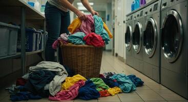 Woman Doing Laundry in Busy Self-Service Laundromat photo