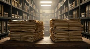 Stacks of Old Documents in Archive Storage Room photo