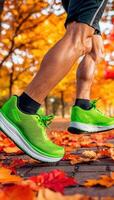 Legs Running on Autumn Path with Colorful Leaves photo