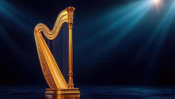 Golden Classical Harp on Stage with Spotlights photo