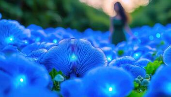 Glowing Blue Mushrooms Field with Person photo