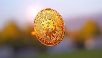 Golden Bitcoin Coin Floating with Sunlight photo