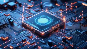 Computer Chip CPU on Circuit Board with Glowing Lights photo