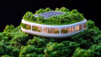 Sustainable Building with Green Roof and Solar Panels photo