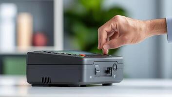 Hand Pressing Button on Electronic Device photo