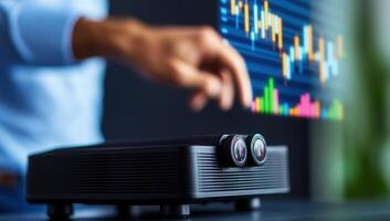 Hand Interacting with Projected Financial Chart photo