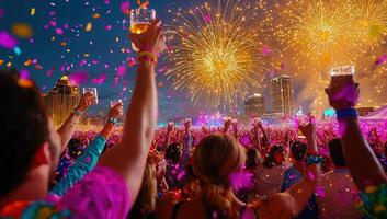Crowd Celebrating with Fireworks and Confetti at Night photo