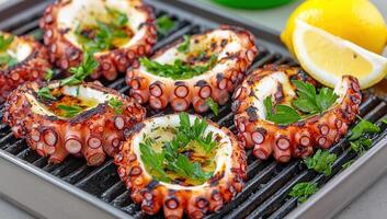Grilled Octopus Tentacles on Barbecue Grill photo