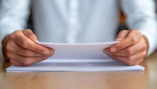 Hands Sorting Stack of Documents on Desk photo