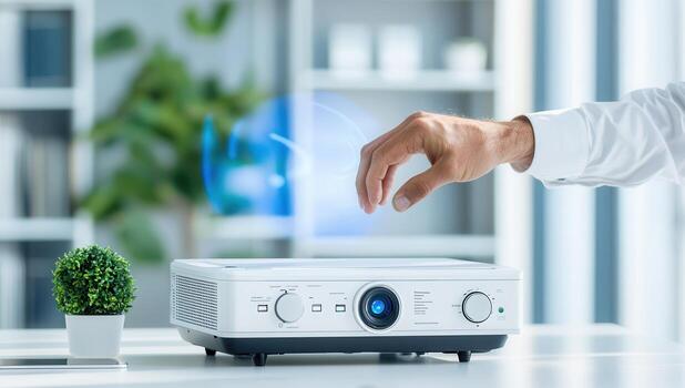Hand Interacting with Holographic Projection from Projector photo
