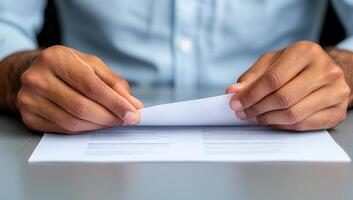 Hands Turning Page of Document on Desk photo
