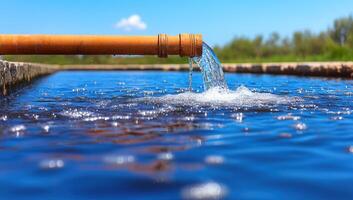 Water flowing from pipe into pool under blue sky photo