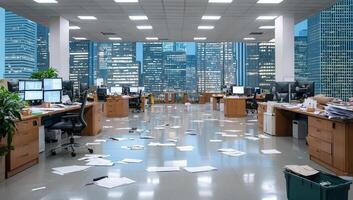 Empty Messy Office with Papers on Floor and City View at Night photo