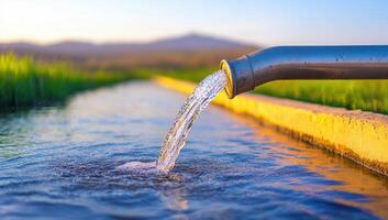 Water Flowing from Pipe into Irrigation Canal photo