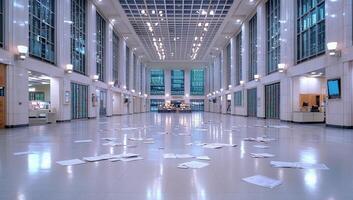 Empty Financial Hall with Scattered Papers photo