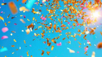 Gold and Colorful Confetti Falling from Blue Sky photo