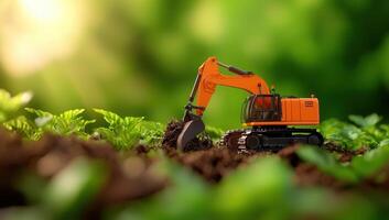 Orange Toy Excavator Digging in Garden Soil photo