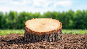 Tree Stump in Field with Forest Background photo
