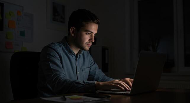 hombre trabajando en ordenador portátil tarde a noche foto