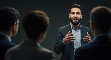 Businessman giving presentation to audience photo
