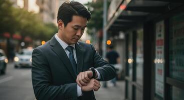 Businessman Checking Time on Smartwatch Outdoors photo