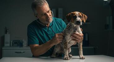 Veterinarian examines dog with stethoscope photo