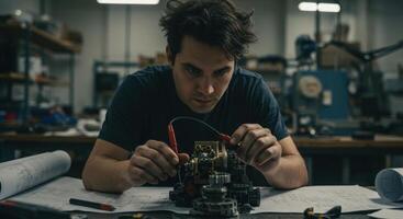 Man Working on Robot Technology in Workshop photo