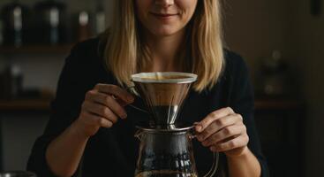 Woman Making Pour Over Coffee at Home photo