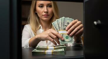 Woman Handling Stacks of US Dollar Bills in Safe photo