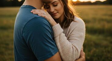 Man and Woman Embrace in Field at Golden Hour photo