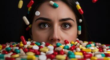 Young Woman Surrounded by Colorful Pills and Capsules photo