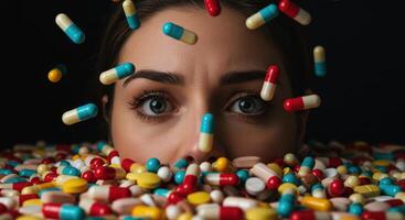 Woman Overwhelmed by Falling Medicine Pills photo