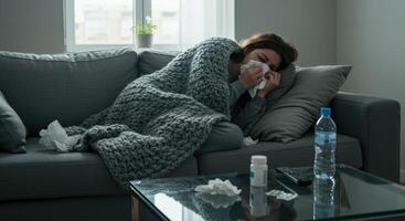 Sick Woman on Couch Blowing Nose photo