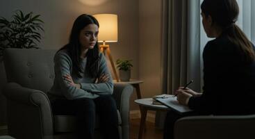 Woman in Therapy Session with Counselor Discussing Mental Health Issues photo