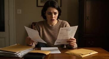 Shocked Woman Reading Bills Financial Problem photo