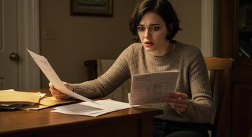 Shocked Woman Reading Financial Documents At Home photo