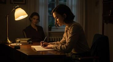 Woman Writing at Desk Under Lamp Light photo
