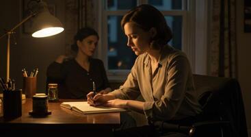 Woman Writing at Desk Under Lamp photo