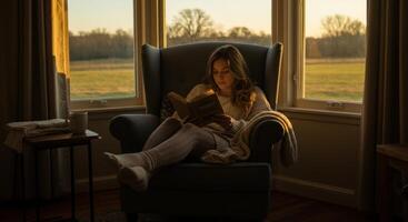Woman reading book in armchair by window at sunset photo