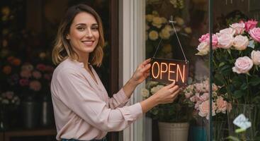 Smiling Woman Hanging Open Sign on Flower Shop Door photo