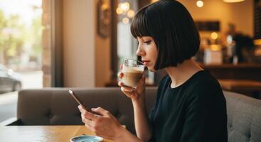 Woman drinking coffee and using phone in cafe photo