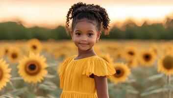 Smiling Young Girl in Sunflower Field at Sunset photo