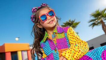 Happy Girl in Colorful Clothes and Sunglasses photo