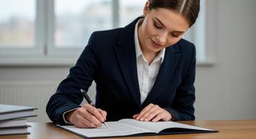 Professional woman writing in a document at desk photo